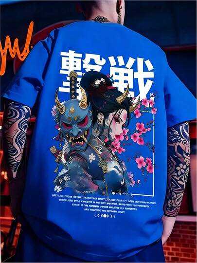 Japanese Ukiyo-e Samurai and Geisha Pattern Black T-shirt.Suitable for spring and summer wear, T-shirt is a casual and Chicy short-sleeved top.Suitable for spring and summer wear, T-shirt is a casual and Chicy short-sleeved top