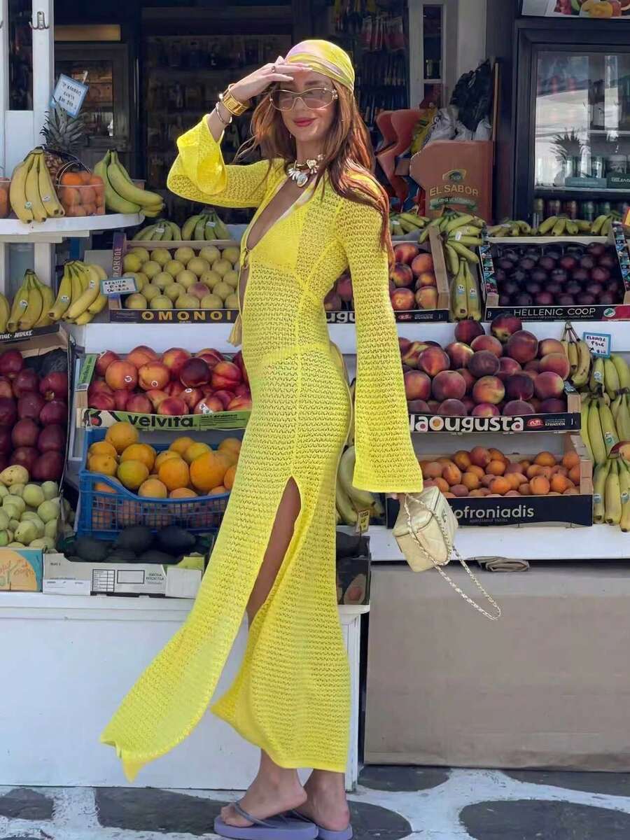 2026新款HoloChill女士性感针织镂空领中长连衣裙，长袖高弹半透明修身波西米亚风派对夏季连衣裙 - 黃色 - 查看 1