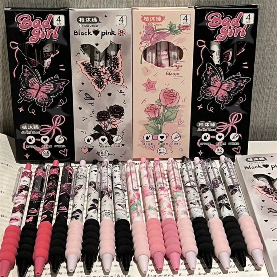 Bộ 4 cọ trang điểm nhanh khô Ins-Style Super Eye-Catching ST họa tiết hoa bướm, toát lên vẻ nữ tính đáng yêu; Bút bi màu trung tính dành cho học sinh, bút đen, vật dụng cần thiết cho mùa tựu trường. - Bộ - Xem 1