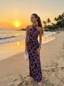 ZIAI Đầm dự tiệc/đi biển kiểu bohemian thanh lịch, in hoa, dây chéo, dành cho nữ. - Màu tím - Xem 4