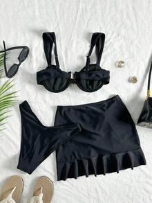 3pcs Solid Color Tankini Swimwear Set, Wide Strap Design With Underwire For Comfortable Support, Fashionable Beach Style, Perfect For Summer Beach And Pool Party Vacation - 黑色 - 查看 5