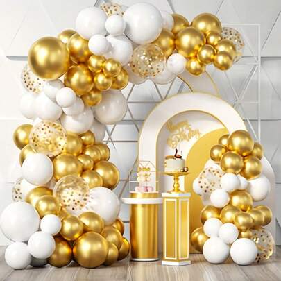 Bộ 101 bóng bay trang trí cổng vòm màu trắng và vàng, bóng bay kim tuyến vàng trắng mờ, thích hợp cho đám cưới, lễ đính hôn, sinh nhật, tiệc cô dâu, tiệc mừng em bé, kỷ niệm.