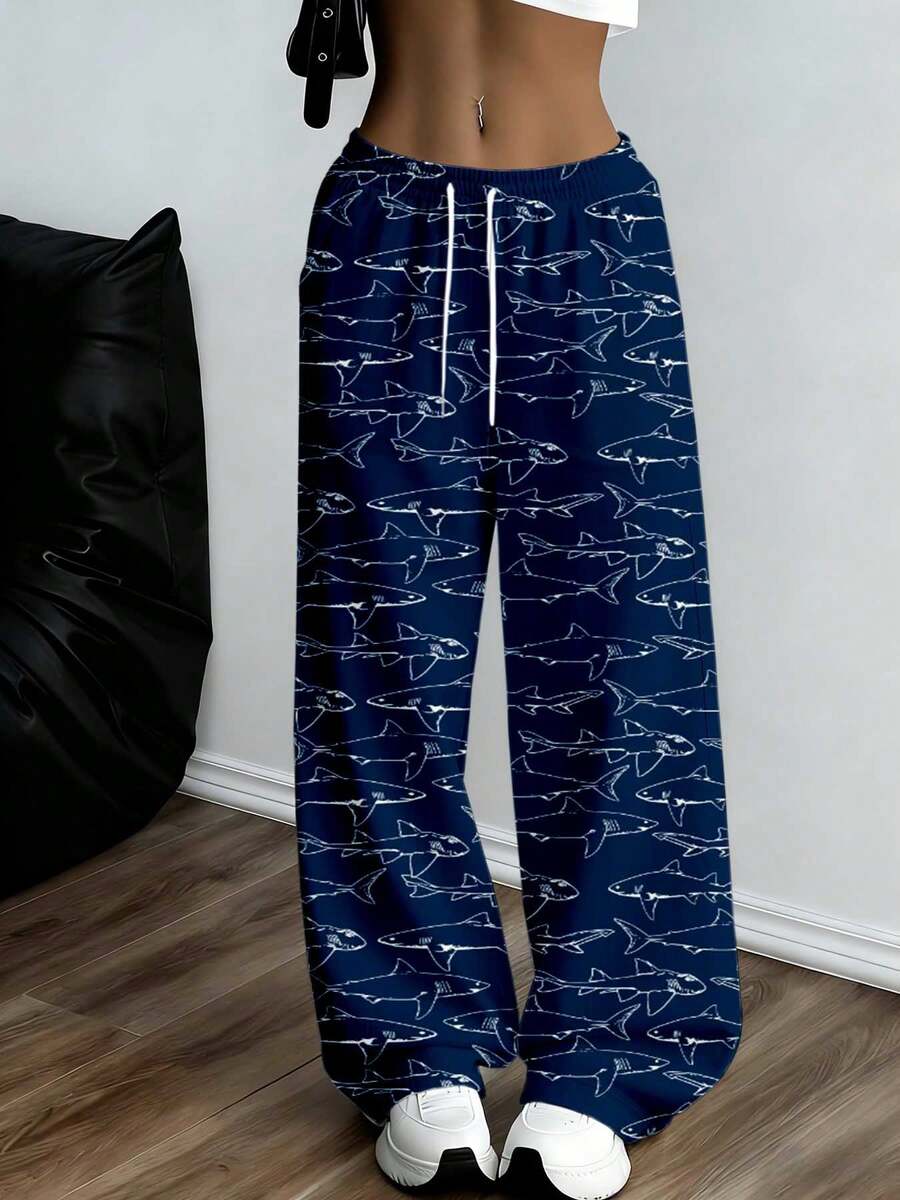 Shark Print Lounge Pants For Women Casual Wide Leg Sweatpants With Drawstring Comfortable Elastic Waist Track Pants For Home And Travel Fashionable Blue Shark Pattern Pants For Everyday Wear - Multicolor - View 1