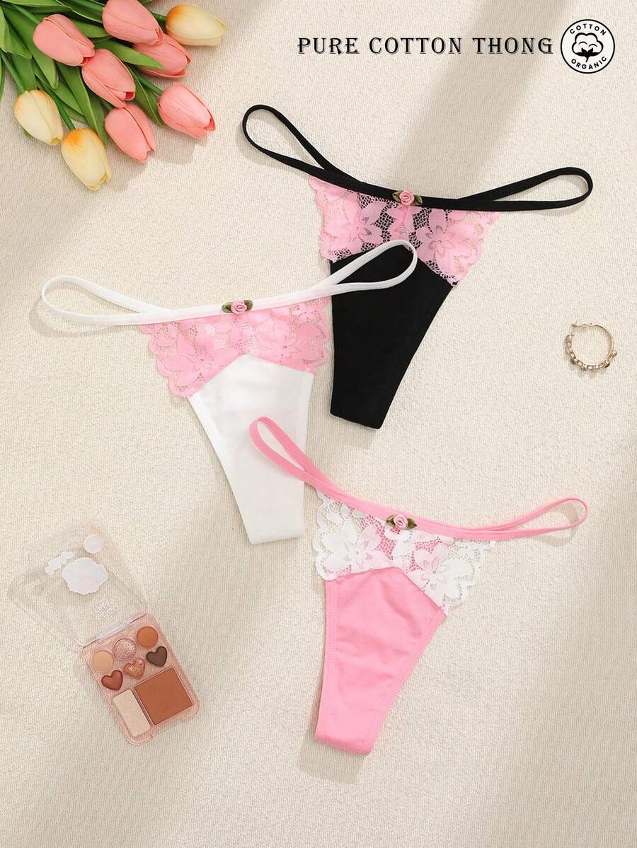 3 chiếc quần lót dây cotton phối ren dành cho nữ - Nhiều màu - Xem 1