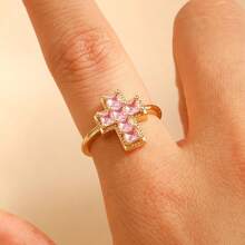 1 chiếc nhẫn hở hình thánh giá bằng đồng đính đá Zirconia tối giản, thanh lịch, thích hợp cho nữ đeo hàng ngày. - Vàng - Xem 7
