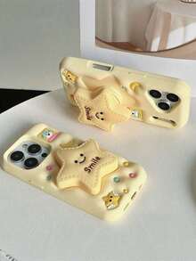 Cute 3D Angel Pentagram Smile Star Silicone Phone Case Compatible With IPhone 17 Pro Max, 17 Pro, 17 Phone Case Suitable For IPhone 16 Pro Max,16,15 Pro Max,14 Pro Max,13,12/11, Kawaii Cream Yellow Moon & Bear Cartoon Protective Cover - 黃色 - 查看 4