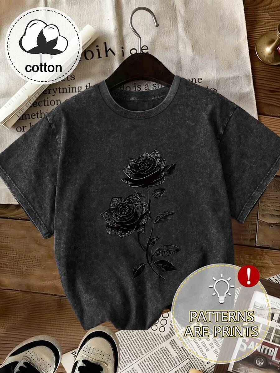 Women's Floral Print Casual Short Sleeve Round Neck T-Shirt, Summer Top, Suitable For Daily Outings, Gift For Women Black - Black - View 1