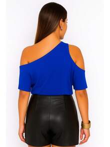 Women's Basic One-Sleeve Loose-Fitting Blouse With Cutout Shoulder - Royal Blue - View 3