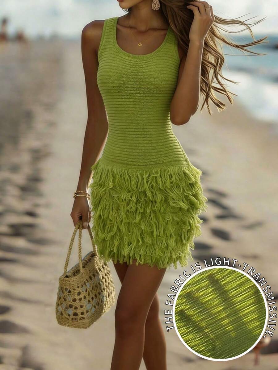 女士时尚优雅休闲派对度假风绿色流苏设计无袖方领针织连衣裙，春夏款 - 青檸色 - 查看 1