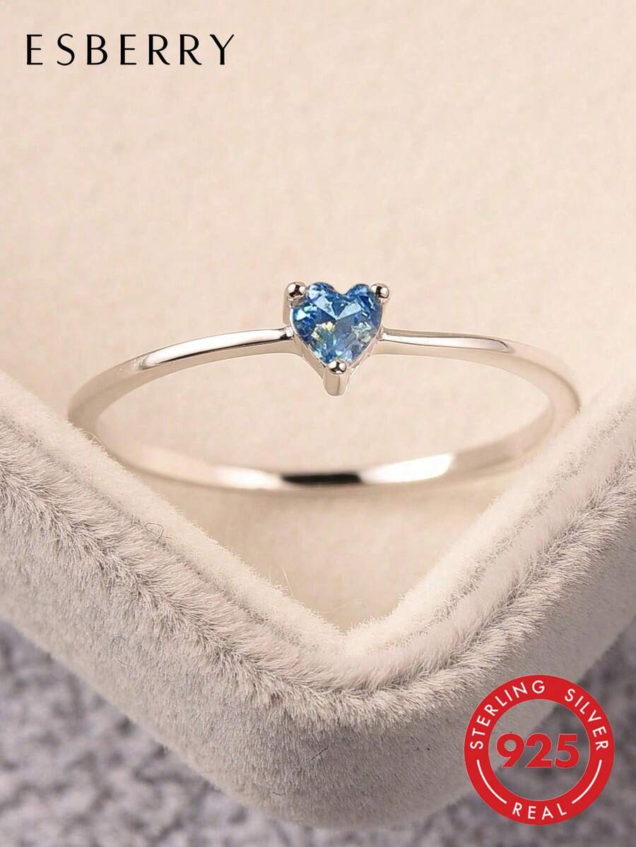 ESBERRY 1 pieza Anillo de plata de ley S925 con forma de corazón y circonita cúbica exquisita, regalo de joyería delicada para mujeres, regalo para citas, regalo del Día de San Valentín - Plateado - Ver 1