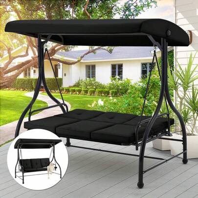  YODOLLA Garden Swing Chair Outdoor With Adjustable Backrest And Canopy 3 Seater Garden Swing Seat Converting Swing Bench Swing Bed