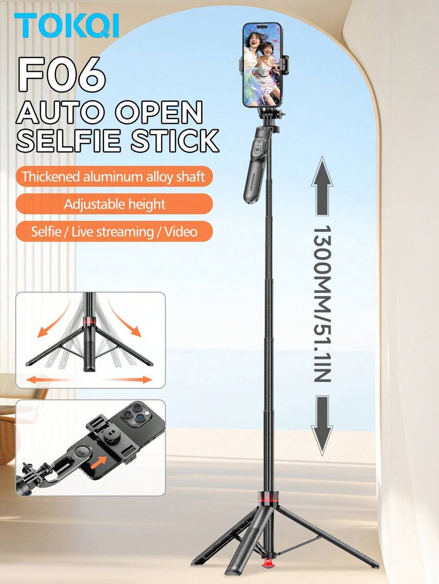 TOKQI F06 自动折叠自拍杆三脚架，无线蓝牙遥控，高度可调，360°多角度拍摄，加厚铝合金杆身，适用于旅行、直播、视频拍摄 - 查看 1