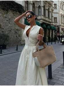 Vestido largo mujer 2026, estilo europeo-americano, cintura alta, color liso, sin mangas, cremallera, corte ajustado, para oficina - Blanco - Ver 8