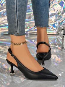 MonaNise Tacones altos de punta, sandalias de tacón bajo con corte en V y punta cerrada para mujeres - Negro - Ver 3