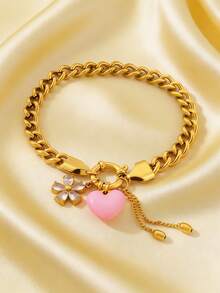 1件女士不锈钢花朵和心形吊坠手链，配链，防水防褪色，适合日常佩戴 - 手鍊 - 查看 6