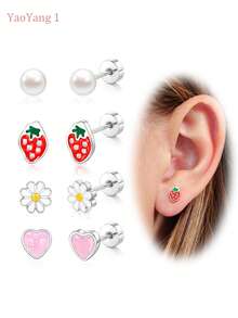 Hypoallergenic 316L Stainless Steel Stud Earrings For Girls Women, Screw Back Earrings For Sensitive Ears Cute Flower Butterfly Stud Hoop Earrings Screwback Girl Earrings 1-21 Pairs - Cubic Zirconia Earrings - View 14
