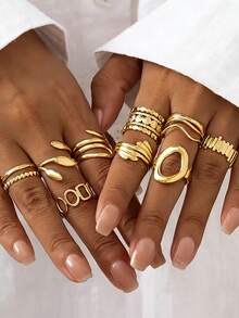 4 pezzi/5 pezzi Set di anelli in acciaio inossidabile placcato oro 18K con linee geometriche minimaliste ed eleganti e motivi a foglia ovale, adatti per uso quotidiano, festival, feste, shopping, appuntamenti, regalo di gioielli chic per le donne - Multicolore - Visualizzare 2
