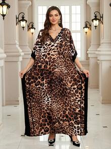 Damen bedrucktes Kaftan-Kleid, V-Ausschnitt Fledermausärmel Boho-Stil Strandkleid, lockerer Schnitt Loungewear, Große Größen langes Kleid, Café Abendkleid, Urlaubskleid - Verschiedenfarbig - Übersicht 1