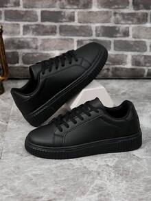 Men's White Sneakers Thick Sole Lightweight Soft Bottom Casual Skate Shoes Comfortable Breathable Men's Shoes Plus Size 45 Couple Style Unisex Black Shoes - Black - View 5