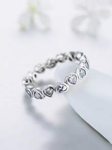 MODIAN Anillo de corazón con diamantes completos de plata esterlina S925 minimalista y vintage, anillo midi apilable, accesorio versátil como regalo para cumpleaños, fiesta, boda, propuesta - Plateado - Ver 5