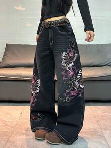1pc Women's Fashionable Distressed Embroidered Loose Fit High Street Wide Leg Jeans, Comfortable Casual Denim Pants, Versatile For All Seasons (Belt/Accessories Not Included) Black Spring - Black - View 5