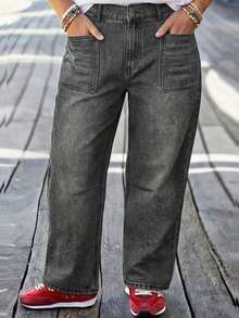 Plus Size Loose Non-Stretch Denim Jeans With Button Decor, Long Denim Pants For Plus Size Spring Casual - Grey - View 3