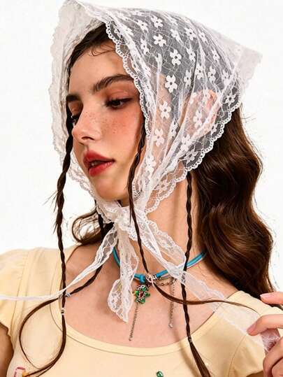 1 pieza Pañuelo de cabeza triangular con adorno de encaje blanco para mujer, con un toque vintage y dulce, un pañuelo versátil adecuado para la playa de verano, decoración y fotografía