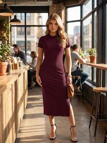 Women's Ribbed Midi Dress, Fitted Bodycon, Short Sleeves, Side Slit, Elegant Look - Burgundy - View 6