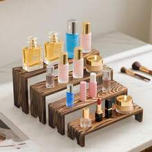 Set Of 8 Wooden Display Risers, 4-Tier Adjustable L-Shaped Step Shelves, Rustic Burnt Wood Countertop Organizer, Expandable Rack For Figurines, Perfumes, Skincare, Spices, Cupcakes, Farmhouse Kitchen Vanity Retail Decor - 8Pcs - View 12