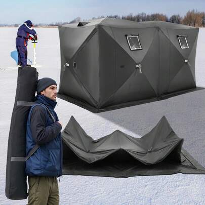 Tragbares Eisangelzelt, Pop-Up-Zelt zum Eisfischen für 6–8 Personen, Angelzelt 300D-Oxford-Gewebe, Anglerschirm, Eishütte zum Winterfischen, Zelt mit Ankern/Seil/Tragetasche, 3,6x1,8x2m, Schwarz