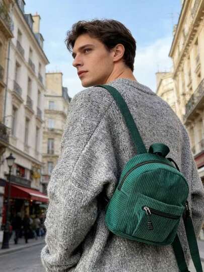 男士棕色灯芯绒迷你背包 复古小背包 日常旅行休闲单肩包