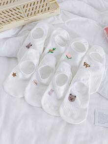 1/5双随机女士白色卡通动物、蝴蝶结、花朵图案硅胶防滑透气吸汗休闲浅口隐形船袜 - 彩色 - 查看 5