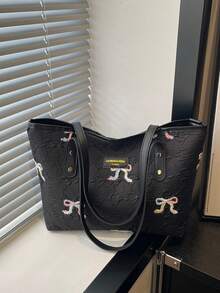 Large Capacity Handbag For Women, New Casual Chic Fashion Embroidered Bow Sweet Commuter Shoulder Tote Bag - Black - View 10