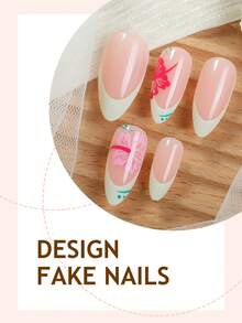 24片中号杏仁形美甲贴纸，裸粉色底色，薄荷绿法式尖角，手绘芙蓉花点缀，清新夏日度假风，适合女性日常通勤、约会和海滩旅行，可重复使用的按压式美甲贴片 - 彩色 - 查看 3