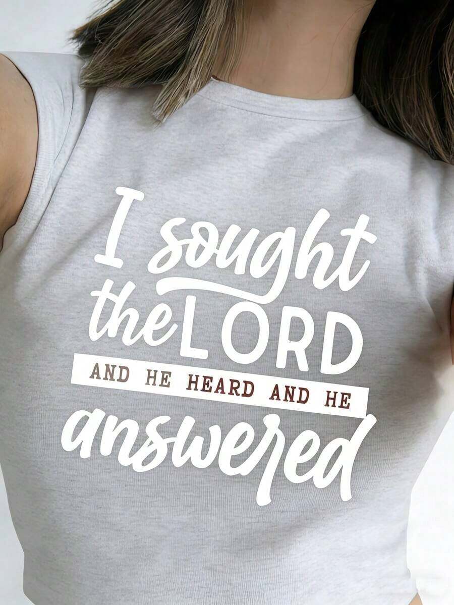 Graphic TeesWomen's Plus Size 100% Cotton Short Sleeve Crew Neck T-Shirt - With "I Sought The Lord And He Heard And He Answered" Faith Graphic (White Font Design), Soft Breathable Casual Top Suitable For Daily Leisure & Faith-Inspired Gatherings100% CottonWomen's Casual Cotton Tee Mother's Day Gift - 淺灰色 - 查看 1