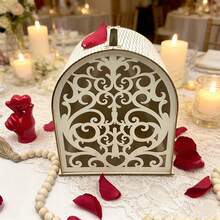 1 pieza Caja de tarjetas de boda, caja de regalo de diseño hueco único con cerradura y ranura para sobres, caja de madera hueca DIY para recepción de boda, aniversario, fiesta de cumpleaños - Blanco - Ver 4
