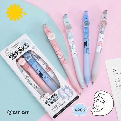 4pcs Cat Pumpkin Retractable Ballpoint Pens, 0.5mm Smooth Writing Black Ink Refills; Fashionable Minimalist Neutral Pens, Suitable For Journaling And Drawing; Best Choice For Smooth Writing And Office Use; School Supplies