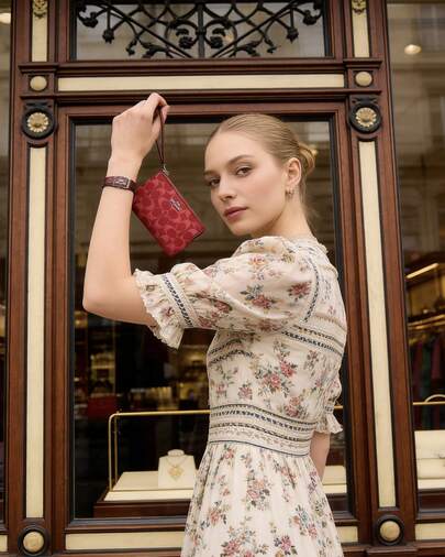 Coach Bolso de mano con cremallera en la esquina de 16 pulgadas, cartera de mano para mujer, monedero de cuero para teléfono móvil, bolso de mano con correa para la muñeca, cartera para mujer