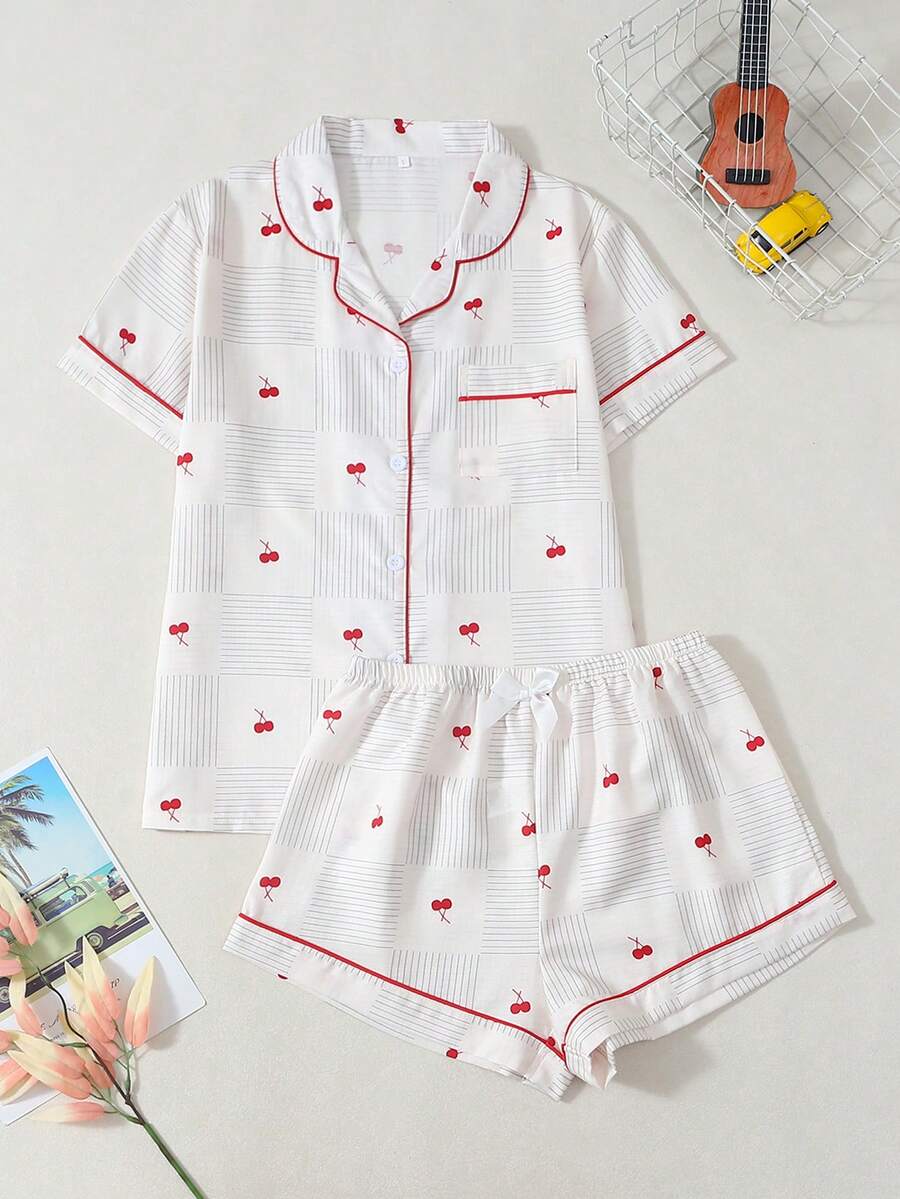 Cherry Print Women's Bubble Crinkle Short Sleeve Shorts Pajama Set - Apricot - View 1