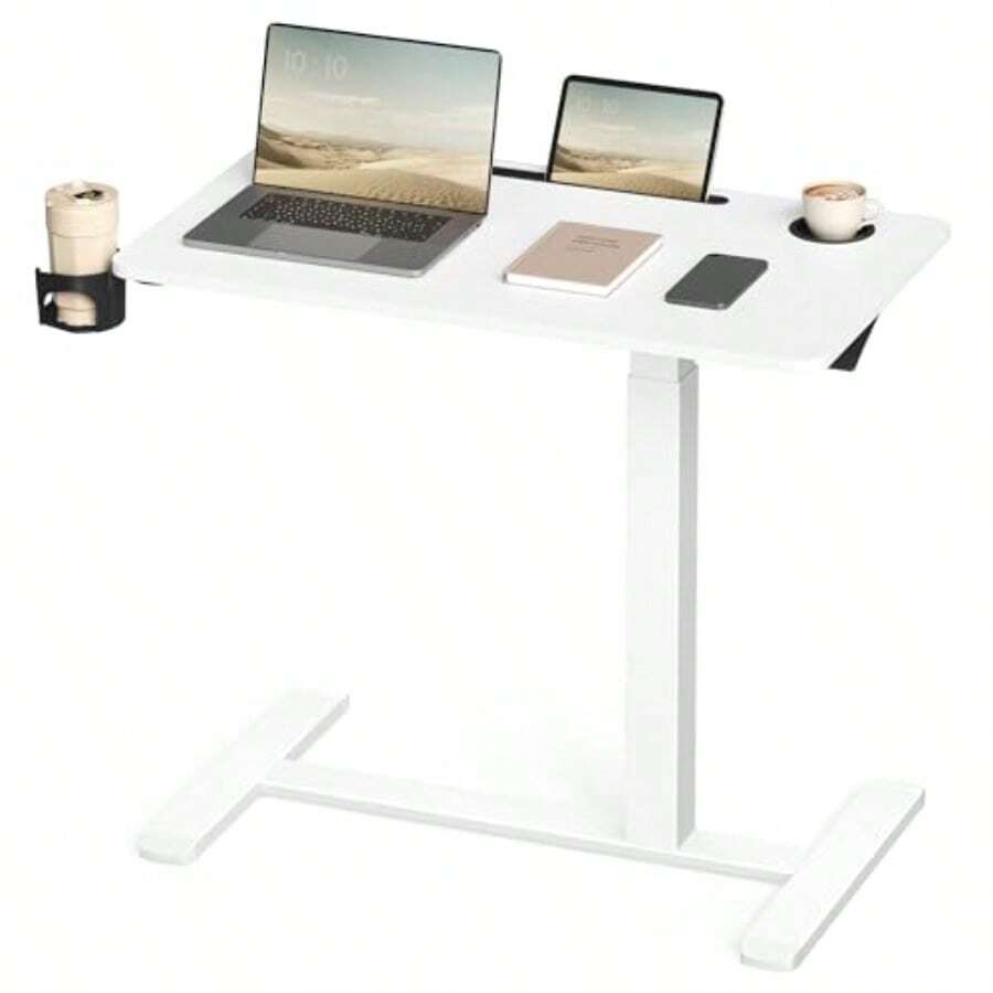 VASAGLE Escritorio con Ruedas Mesa Auxiliar Altura Ajustable Tablero de 80 x 45 cm 2 Portavasos Blanco Nube MLSD601W01 - 80 cm de largo x 45 cm de ancho - Ver 1