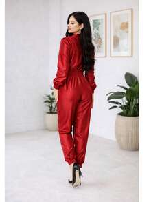 Women's Set: Long-Sleeved Blouse With Shoulder Pads And Jogger Pants In Thick Satin Crepe With Elastane, Fitted Cuffs, Stylish, Modern And Sophisticated - 紅色 - 查看 2