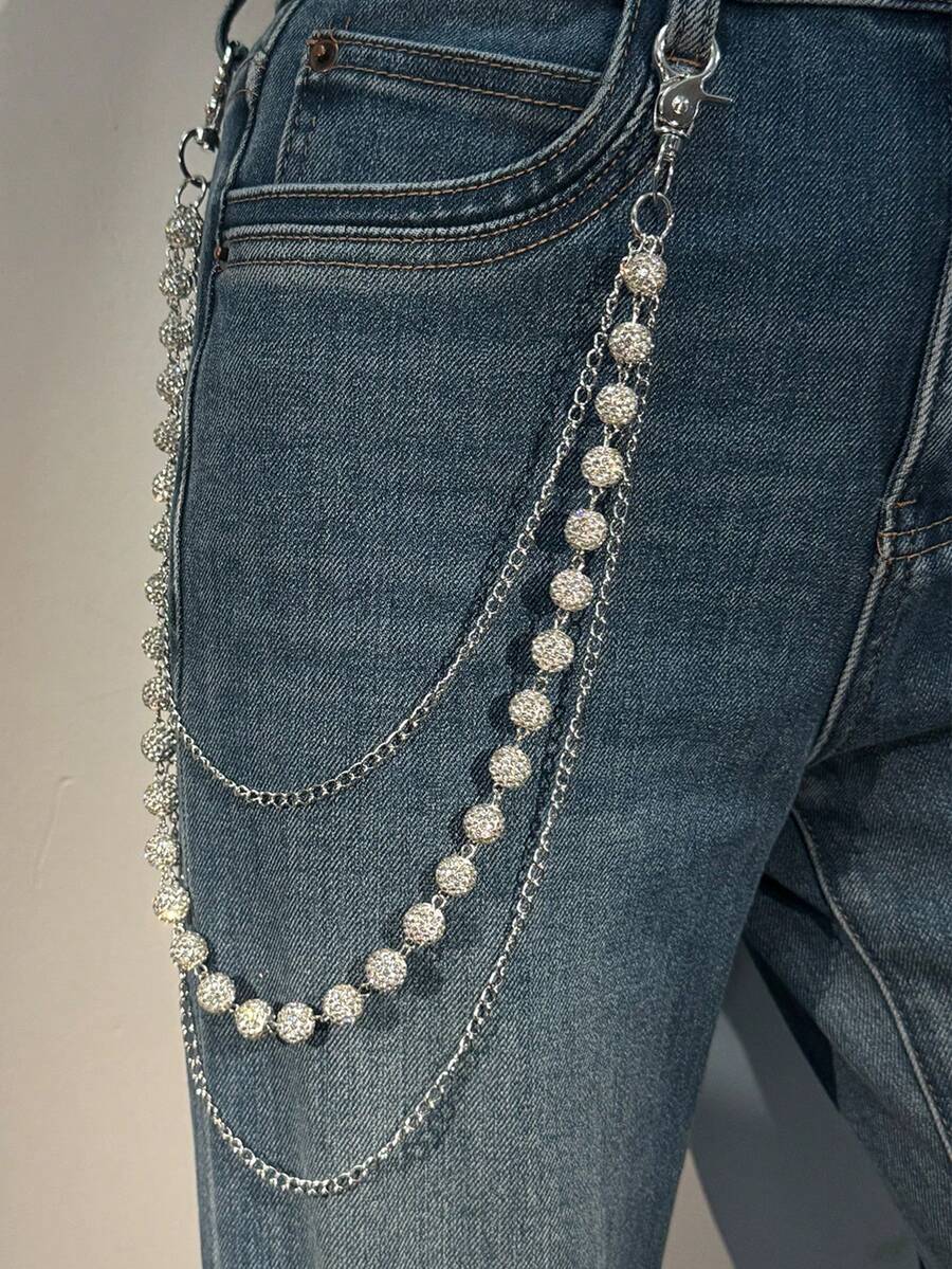 1pc Fashion Hip-Hop Stainless Steel Chain Belt, Handmade Colorful Rhinestone Ball Waist Chain, Unisex Body Chain Accessory For Daily Wear (Assorted Colors) - Multicolor - View 1