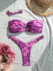 Bộ bikini tankini nữ, đồ đi biển họa tiết hoa tím, kiểu dáng thường ngày, thích hợp cho kỳ nghỉ, hẹn hò, tiệc trà chiều, du lịch, lễ hội âm nhạc, đi chơi, phong cách thường ngày, đồ bơi mùa xuân/hè SS26. - Màu tím - Xem 7