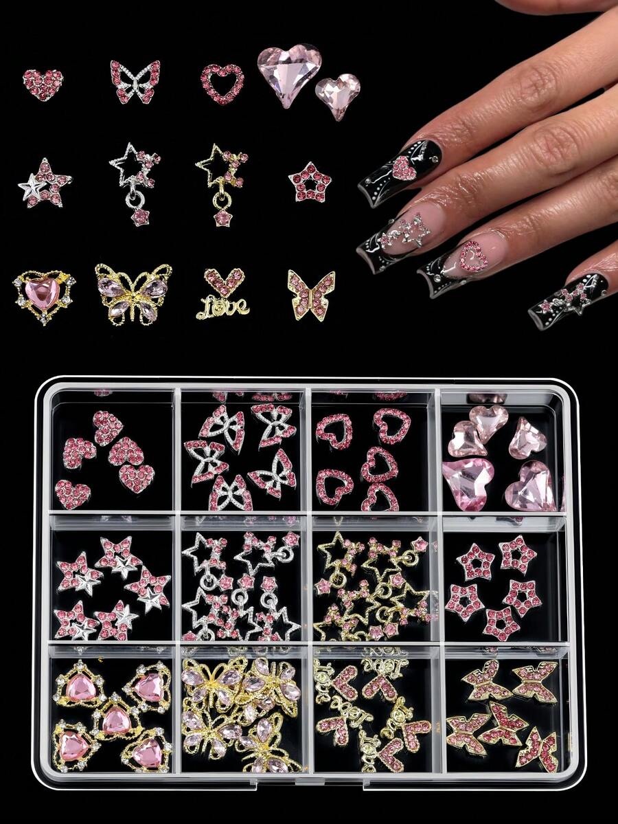 12Grids/Box 3D Mixed Bowknot Stars Heart Nail Charms Flatback Alloy Star,Moon Nail Rhinestones DIY Nail Art Decorations Nails - Baby Pink - View 1