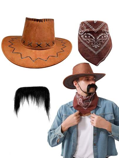 Bộ phụ kiện denim cổ điển 3 món, bao gồm mũ denim, khăn bandana denim và ria mép giả, thích hợp cho cosplay, tiệc Halloween, tụ họp hàng ngày và các bữa tiệc theo chủ đề.