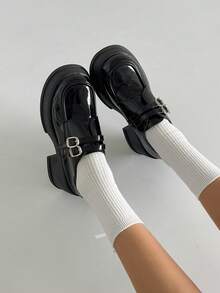 1 đôi giày Mary Jane đế cao bằng da PU màu trơn, kiểu dáng học sinh, phù hợp để mang đi làm mọi mùa. - màu đen - Xem 10