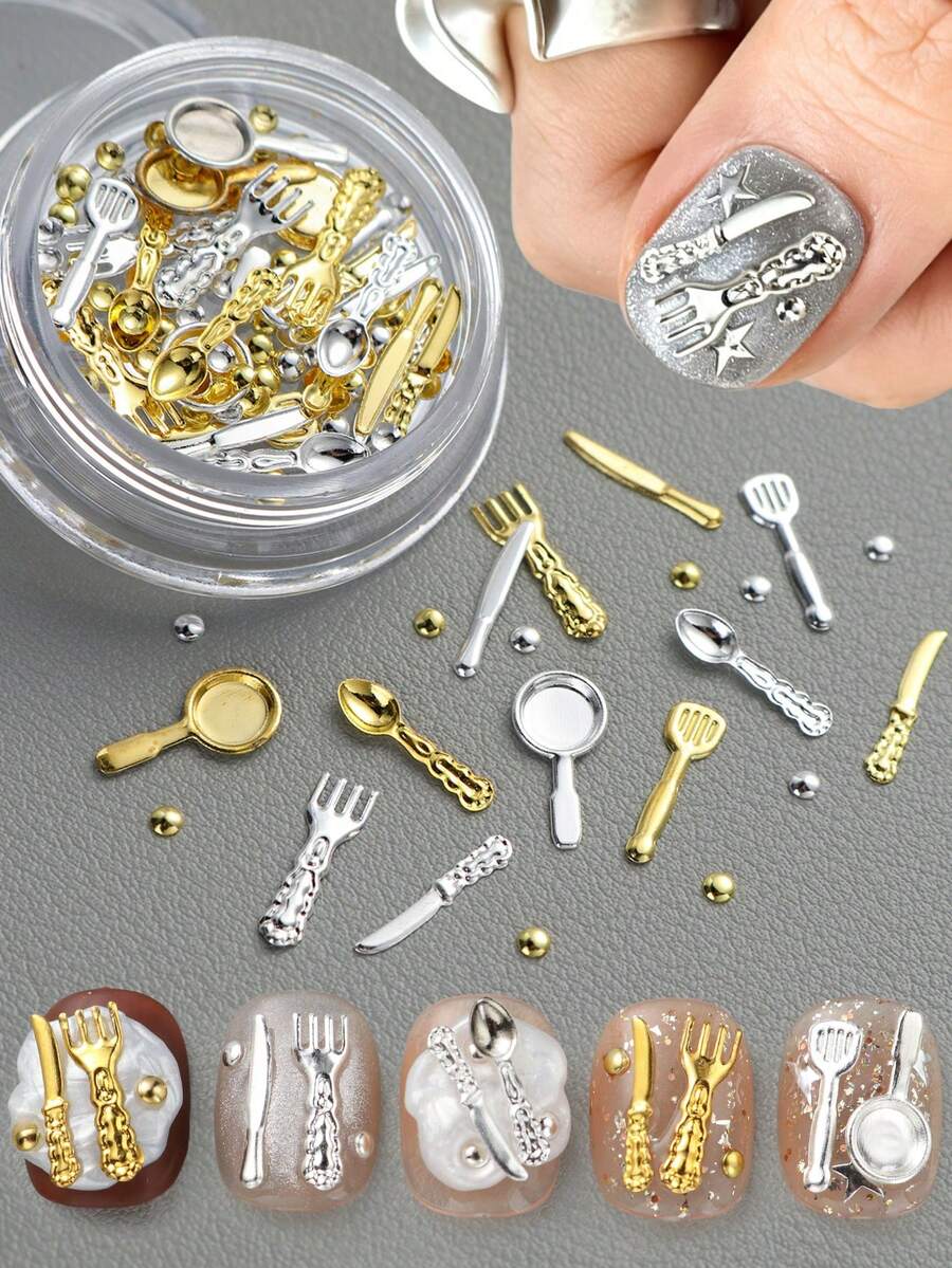1pc Cute Cutlery Shaped Metal Decorative Pieces, Including Spoon, Fork, Knife, Frying Pan Patterns, Mixed Gold And Silver Tones, Punk Y2K Style Nail Art Decor, Suitable For Home Or Nail Salon, Holiday Gift - Multicolor - View 1