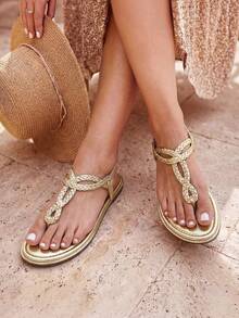 Women's Fashion Sandals, Dressy Summer Bohemian T-Strap Comfortable Summer Flats Sandals For Vacation - 金色 - 查看 1