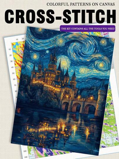 1 ชิ้น JOZYSH ไร้กรอบ 30 * 40 ซม./11.8 * 15.7 นิ้ว, ปราสาทใต้ท้องฟ้าเต็มไปด้วยดวงดาว, ชุดปักครอสติชพิมพ์ลาย 11CT/14CT DIY, เหมาะสำหรับชุดปักครอสติช DIY ผ่อนคลายสำหรับผู้ใหญ่และผู้เริ่มต้น, เหมาะสำหรับการตกแต่งผนังห้องนอนและห้องนั่งเล่น ของขวัญประกอบด้วยผ้าใบพิมพ์ลาย, เข็ม, ด้าย, ภาพวาด และหนังสืออธิบาย