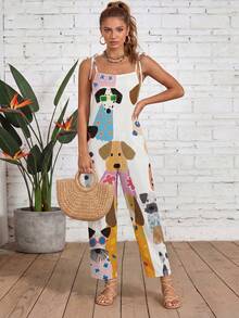 女士无袖连体裤，动物纹印花 | V 领系带设计 | 休闲舒适的涤纶混纺连体裤，适合度假、海滩、夏季穿着 - 轻盈透气 白色优雅 - 白色 - 查看 5